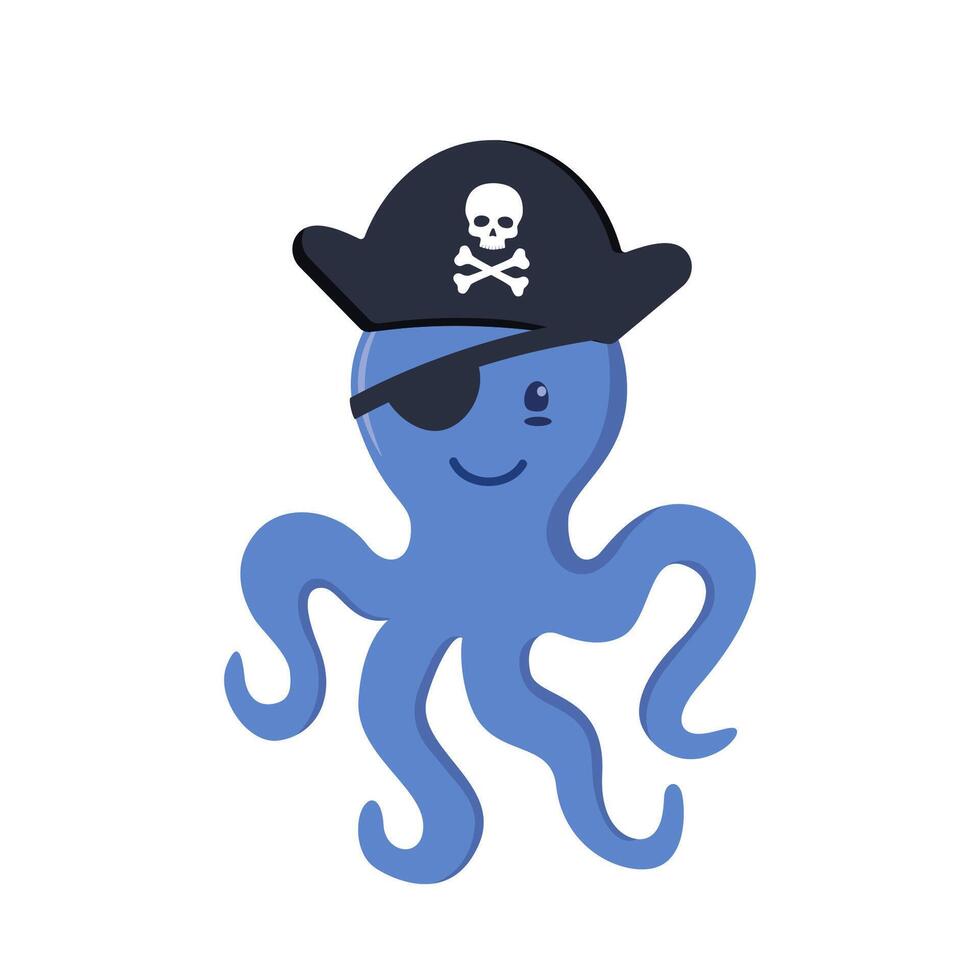 süß Tintenfisch Pirat Charakter im Pirat Hut mit Schädel und Knochen. Vektor Illustration.