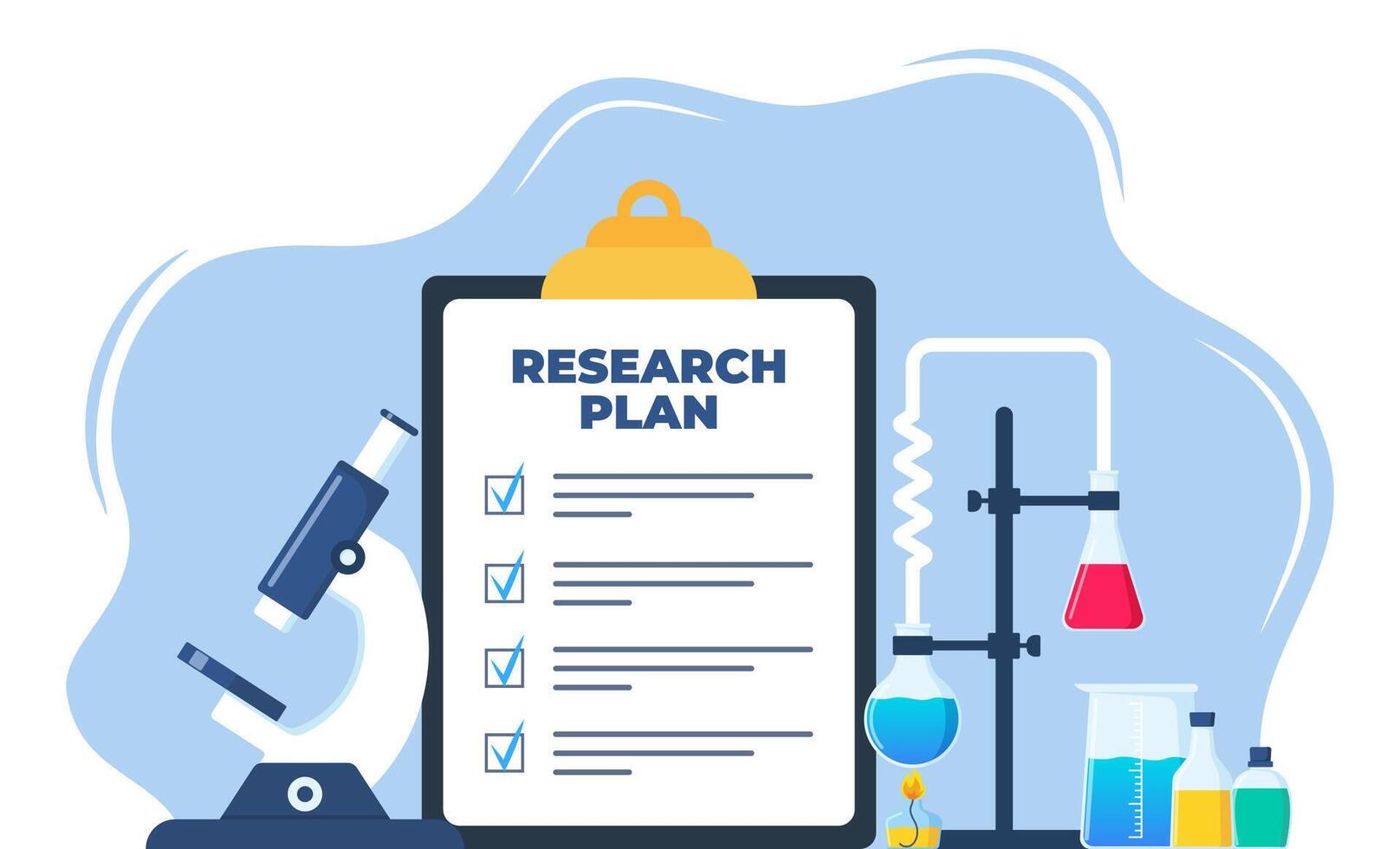 kemisk laboratorium forskning planen på Urklipp med checklista. kemisk laboratorium med annorlunda glas flaskor, flaskor. labb forskning, testning, studier i kemi. vektor illustration.