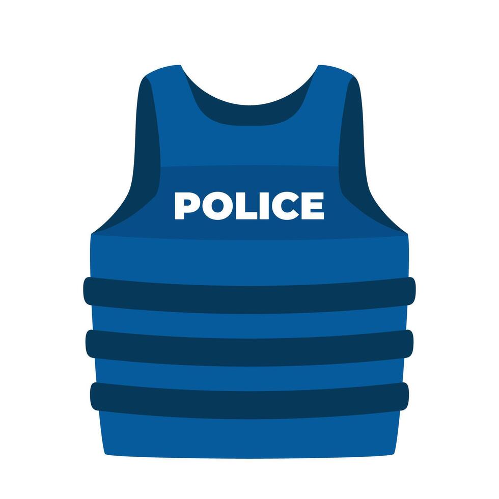 Polizei kugelsicher Weste. Blau Weste mit ein Inschrift Polizei auf das Brust. Vektor Illustration.
