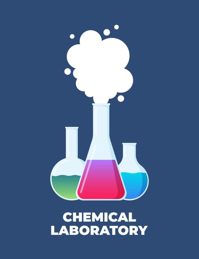 chemisch Labor Logo. Glaswaren mit chemisch Reagenzien. Labor Prüfung Rohre. medizinisch wissenschaftlich Forschung. Experiment Ausrüstung. Labor Messung Becherglas. Flasche, Flasche. Vektor Illustration.