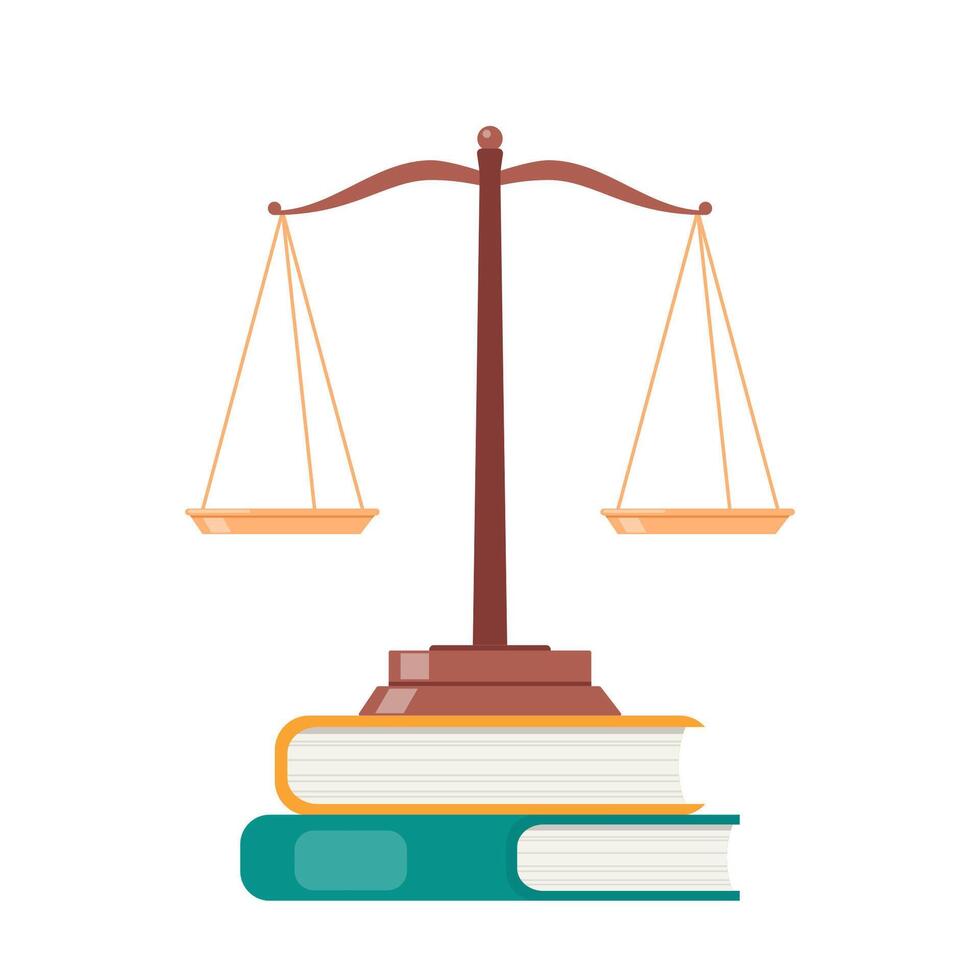 Waage auf Stapel von Bücher. Waage von Gesetz und Gerechtigkeit zum Gewicht von legal Richter. Rechtsanwalt gleich Waagen zum Symbol im eben zum Gericht. Vektor Illustration.