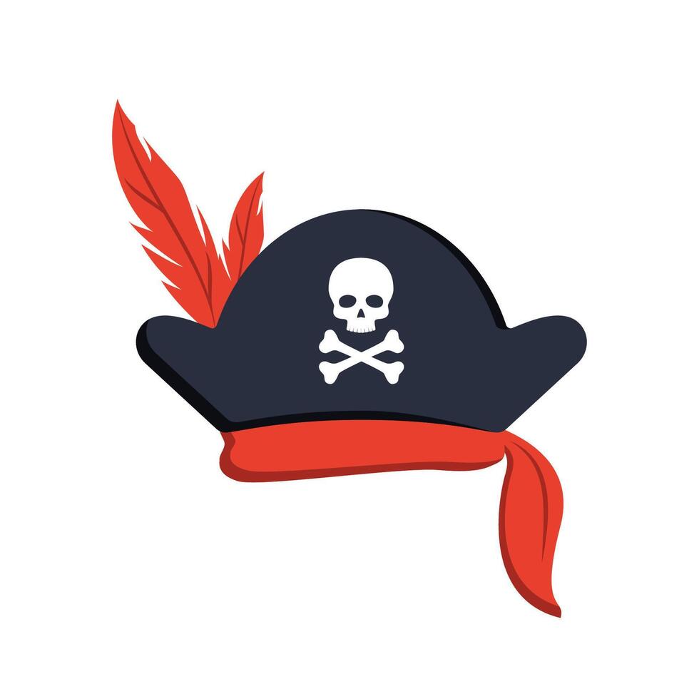 svart pirat triangel hatt med skalle och korsade ben, röd fjädrar. vektor illustration.