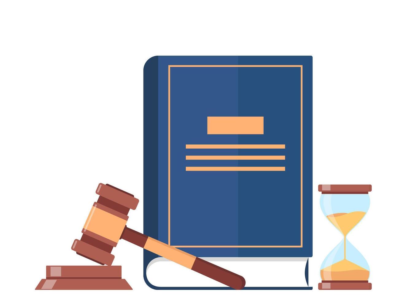 lag bok, timglas, bedöma klubba, beslut glansig klubba för domstol dom. lag och rättvisa systemet symbol. vektor illustration.