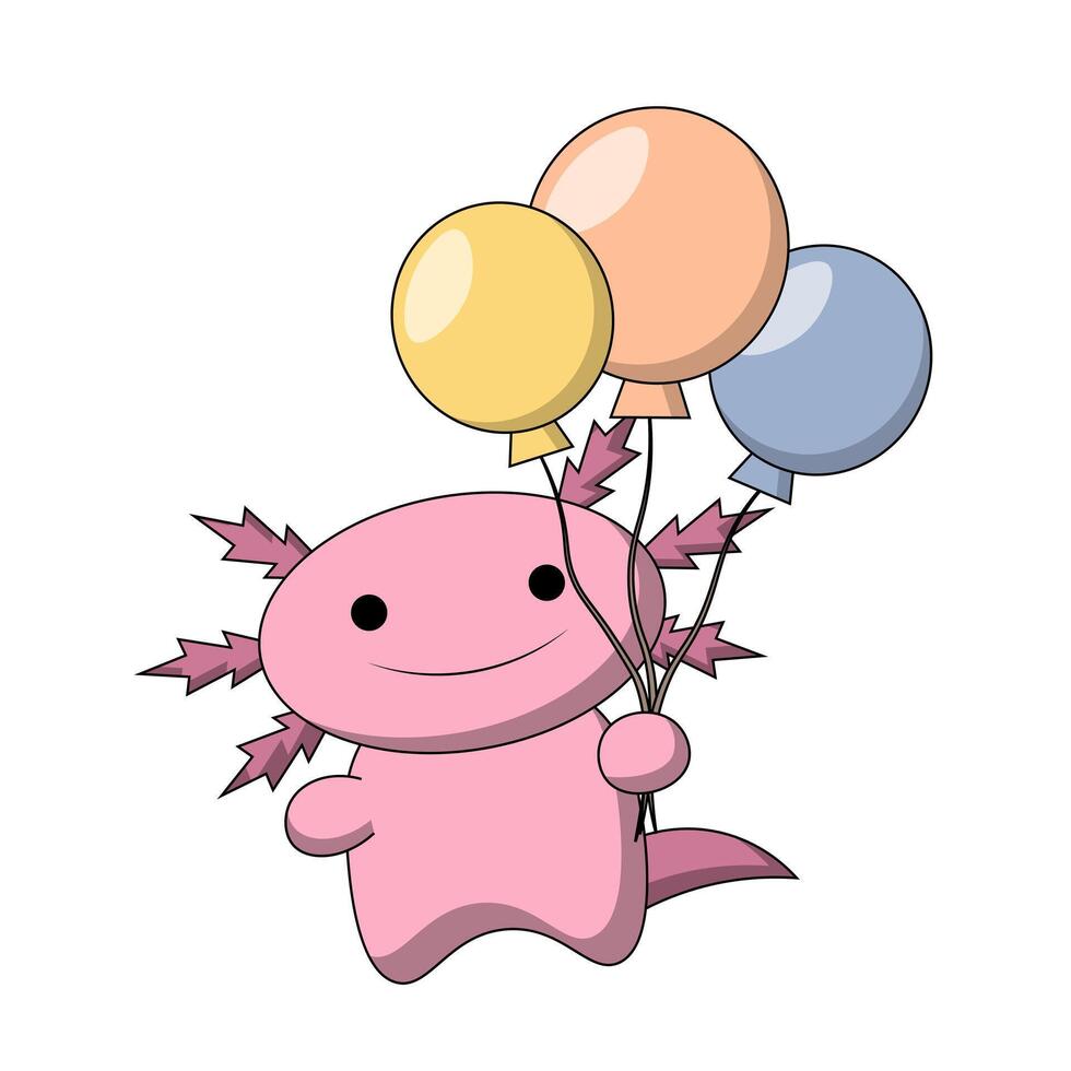 söt tecknad serie axolotl med helium ballong i Färg vektor