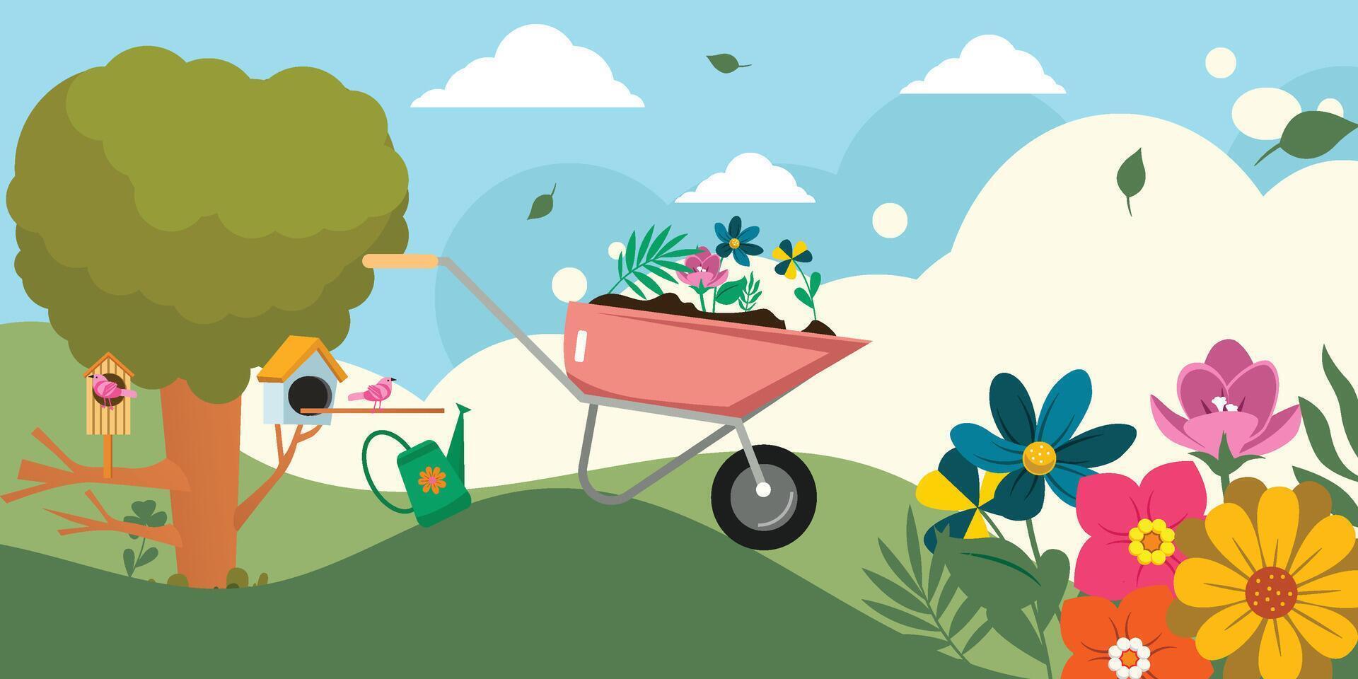 horizontal Rahmen Frühling Hintergrund Illustration mit Blumen und Blätter. Vogel Häuser auf Bäume, Blume Karren und schön Frühling Ansichten vektor