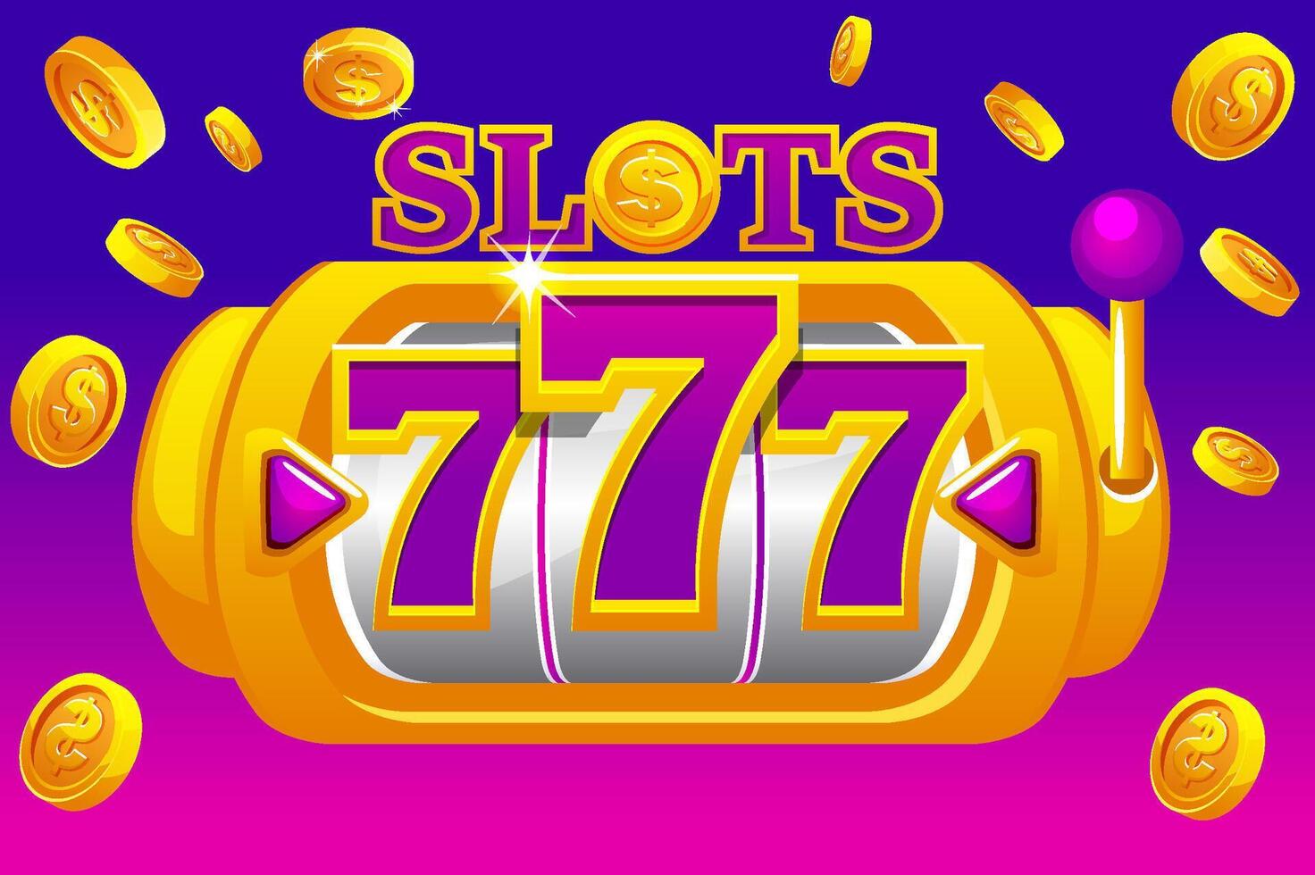 Slot Maschine 777 mit Explosion Münzen. Banner zum ein Kasino Spiel. vektor