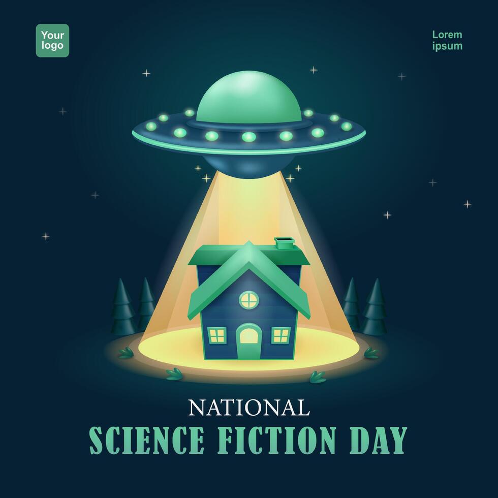 vetenskap fiktion dag. UFO flygande på natt, bärande en hus. 3d vektor, lämplig för evenemang vektor