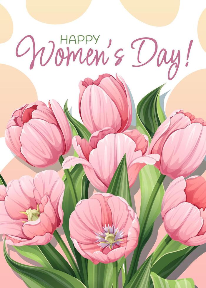 Gruß Karte zum International Damen Tag. Poster mit Rosa Tulpen zum März 8. Vektor Vorlage mit Frühling Strauß