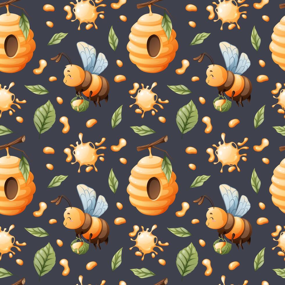 nahtlos Muster mit Honig Bienen mit Blumen, Bienenstock und Honig. Kinder s Stoff Design. Sommer- Illustration. Süss Biene Blumen- drucken. vektor