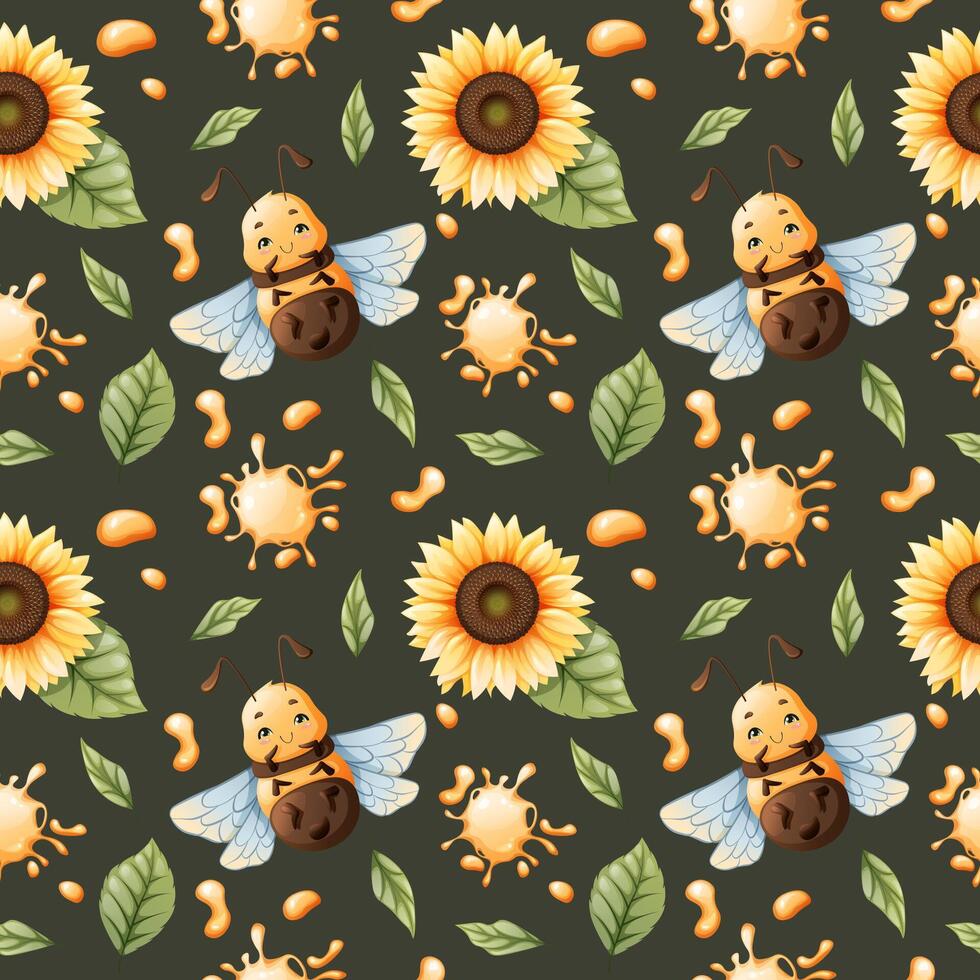 sömlös mönster med honung bin med blommor och honung. barn s tyg design. sommar illustration. ljuv bi blommig skriva ut. vektor