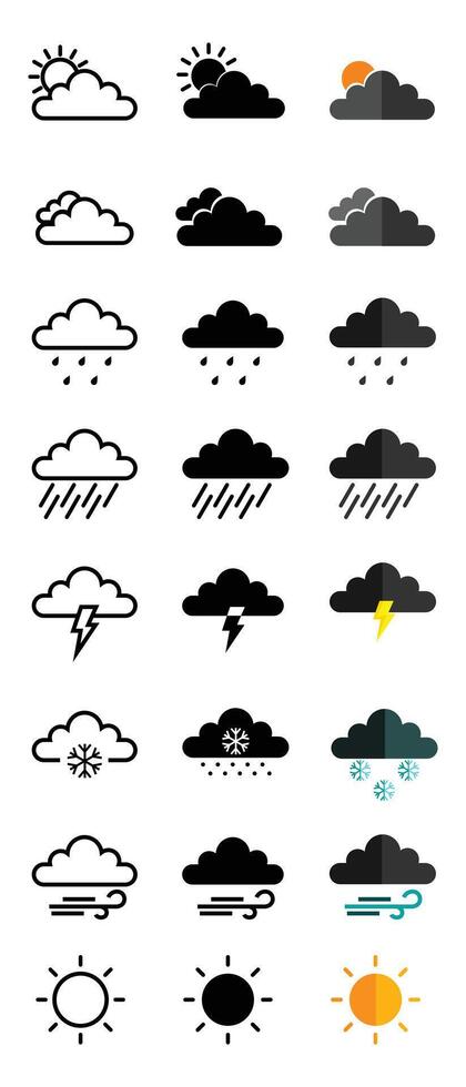 Symbol einstellen Wetter, wolkig, Nieselregen, Regen, Schnee, hell Sonne, Gliederung Design, schwarz und Weiss, und 3d. eps 10. vektor