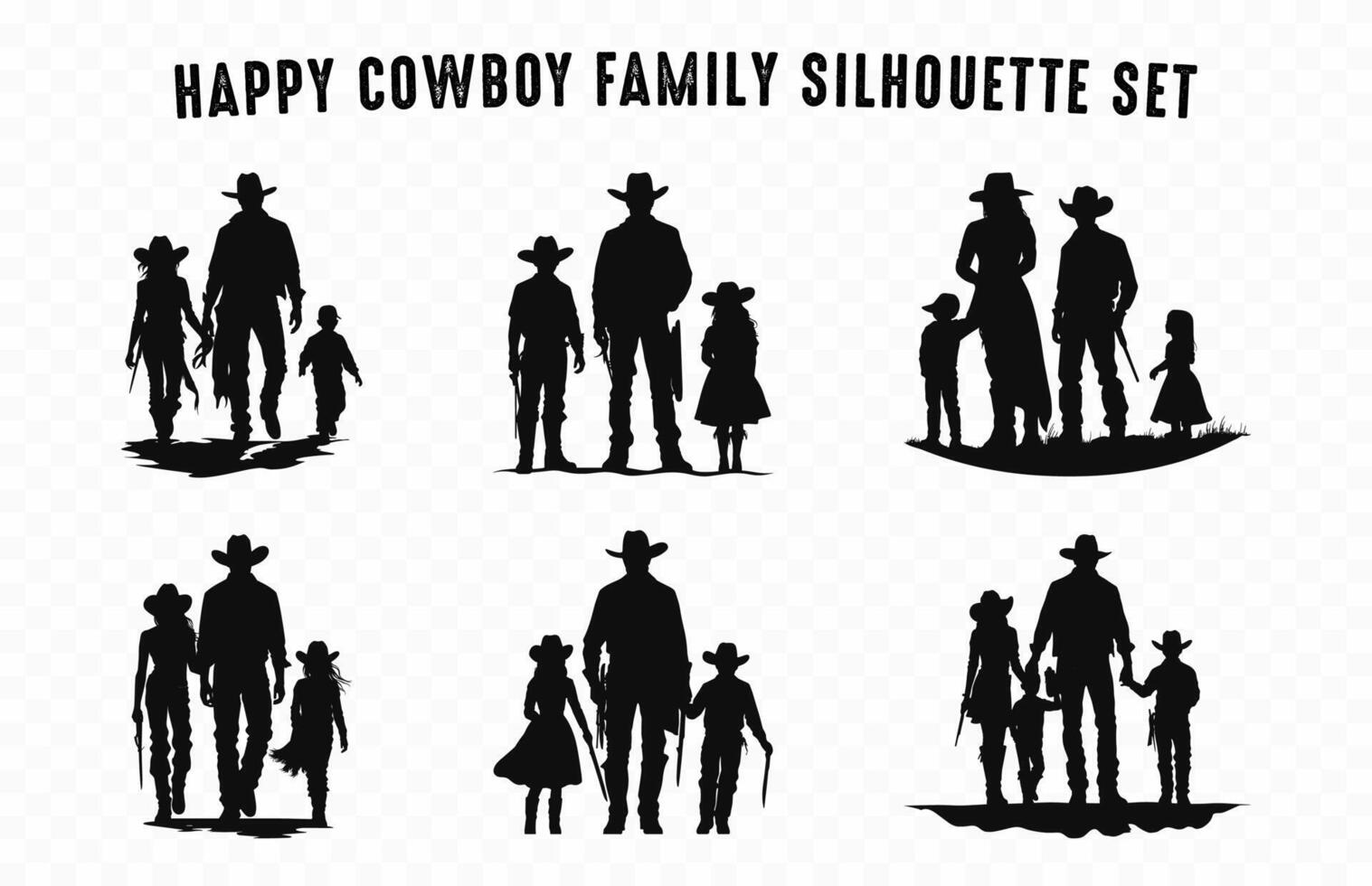 cowboy familj svart silhuetter vektor uppsättning, amerikan cowboy och cowgirl silhuett bunt