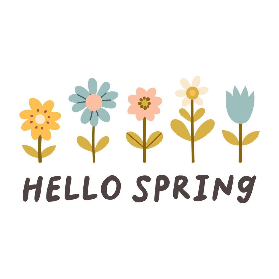 Hallo Frühling Zitate. Blumen- Frühling Hand gezeichnet druckt Design. positiv Sätze zum Aufkleber, Postkarten oder Plakate. Vektor Illustration