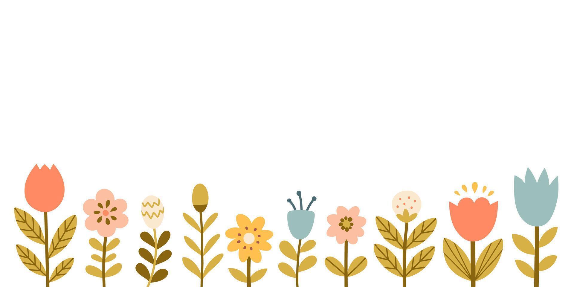 horizontal Rand mit Pastell- Frühling Sommer- Blumen. isoliert auf Weiß Hintergrund. mehrfarbig Garten Blumen im ein Reihe. Banner mit Blumen- Muster. vektor