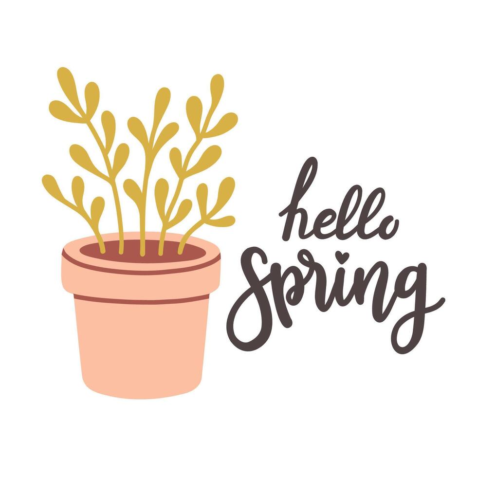 Hej vår citat. blommig springtime hand dragen grafik design. positiv fraser för klistermärken, vykort eller affischer. vektor illustration