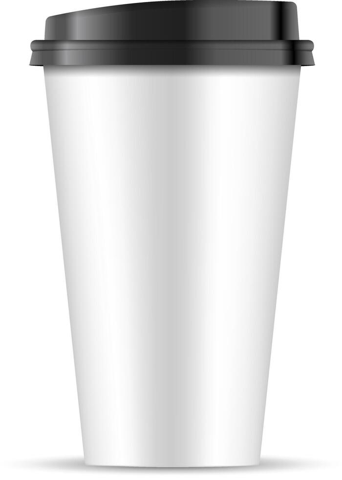 Weiß Papier Kaffee Tasse mit schwarz Deckel isoliert auf Weiß Hintergrund. 3d realistisch Kaffee Tasse Attrappe, Lehrmodell, Simulation. eps10 Vektor Vorlage Design Illustration.