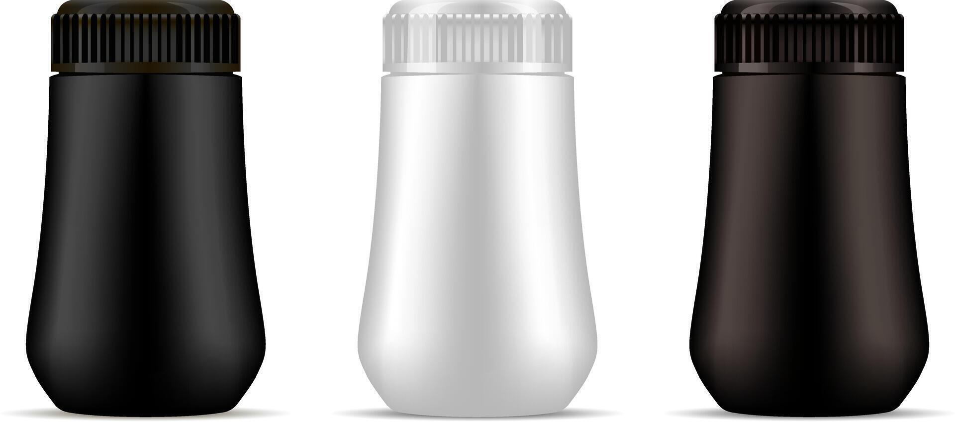 Schwarz, braun und Weiß Plastik Fachmann kosmetisch Flasche Attrappe, Lehrmodell, Simulation. Kosmetika Paket Vektor Abbildung. hoch Qualität Design Produkt, isoliert.