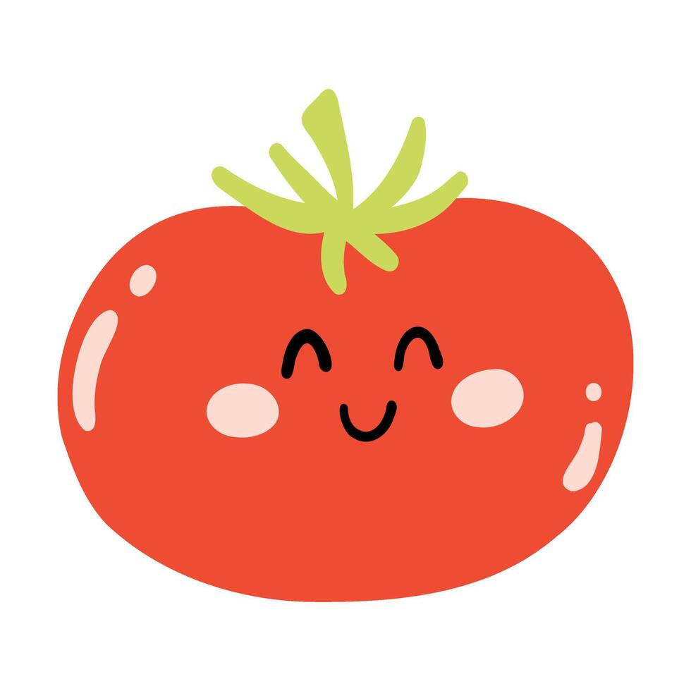 söt hand dragen tomat leende. söt rolig vegetabiliska karaktär för barn vektor