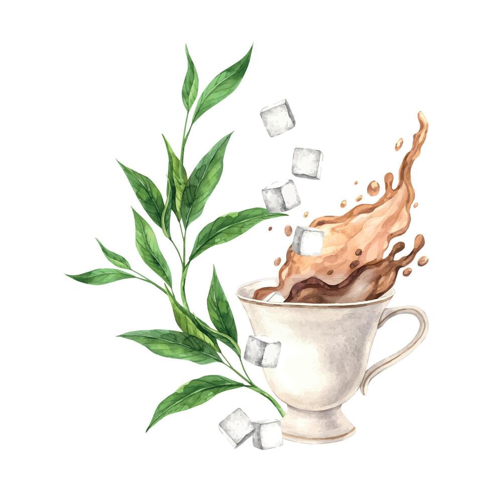 Jahrgang Aquarell Tasse mit Tee Spritzer, Zucker Würfel und Tee Blätter. das Illustration ist Hand gezeichnet auf ein isoliert Hintergrund Zeichnung zum Speisekarte Design, Verpackung, Poster, Webseite, Textil, Einladungen vektor