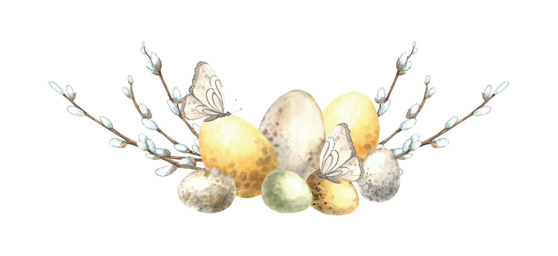 Aquarell Ostern Komposition mit Weide, Eier und Schmetterling. Ostern Urlaub Illustration Hand gezeichnet. skizzieren auf isoliert Hintergrund zum Gruß Karten, Einladungen, glücklich Feiertage, Plakate vektor