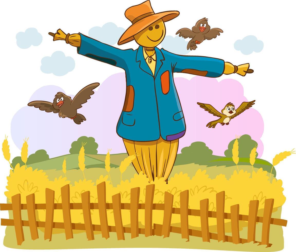 Vektor Illustration von ein Vogelscheuche mit Krähen fliegend im das Feld