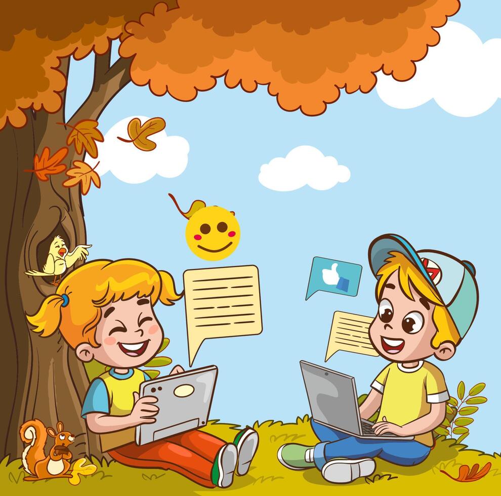 Vektor Illustration von Kinder- Bildung. Kinder mit Tablets und Telefone. verwenden von Technologie im Bildung. Sozial Medien und Kinder.