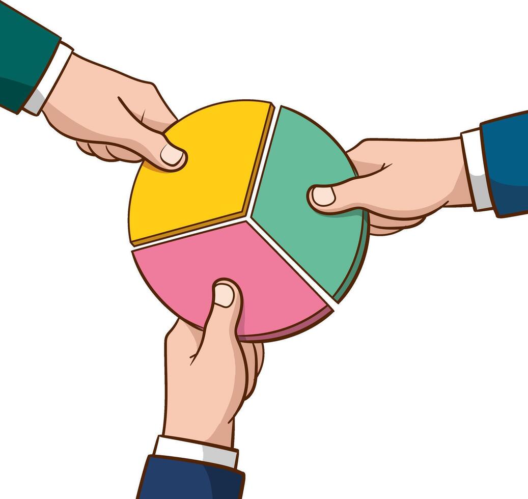 Markt Teilen Geschäft Konzept. im Wettbewerb Geschäftsmann Hand halten Kuchen Diagramm. vektor