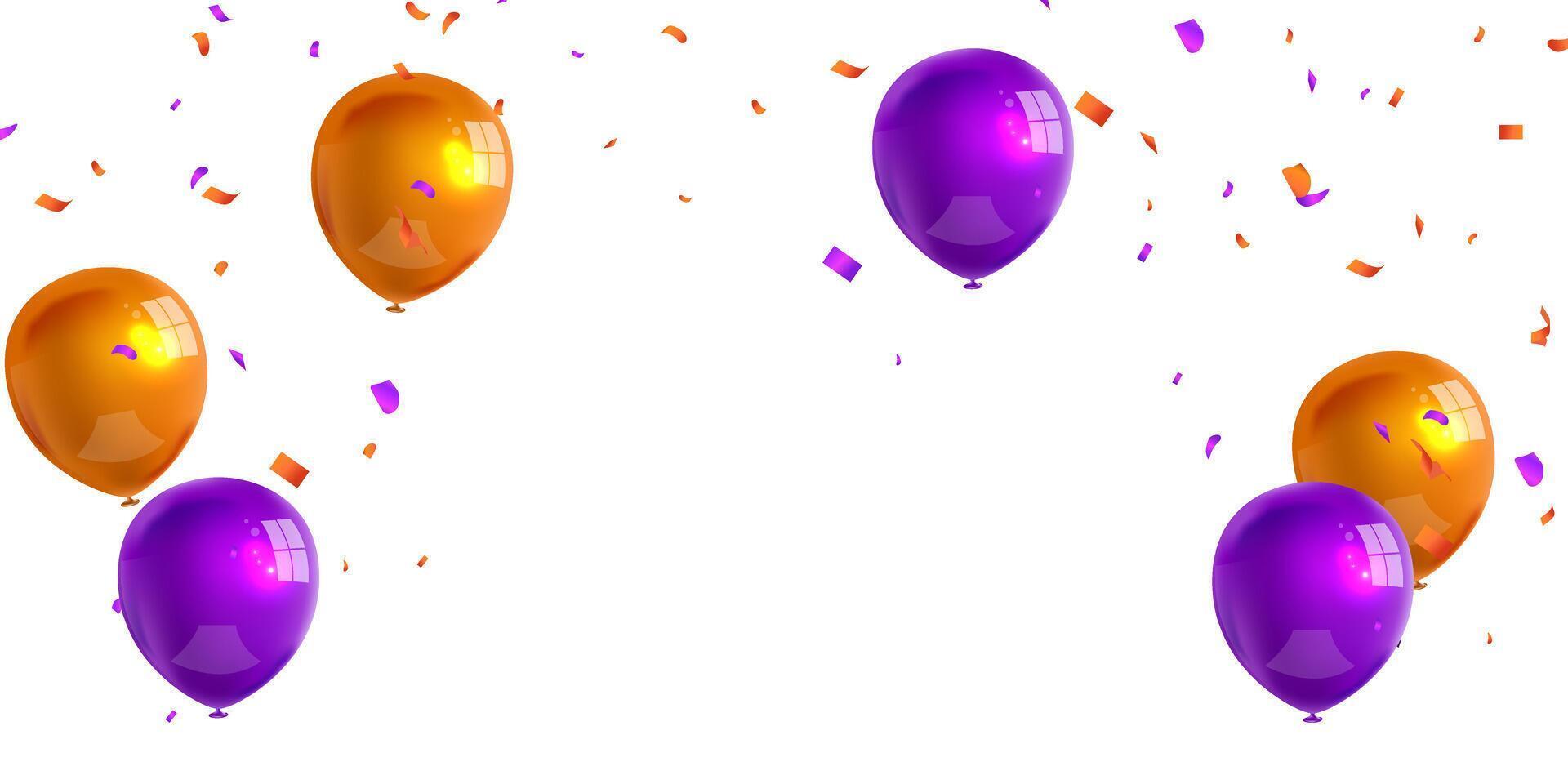firande bakgrund med orange och lila ballonger längs med skön konfetti. vektor illustration