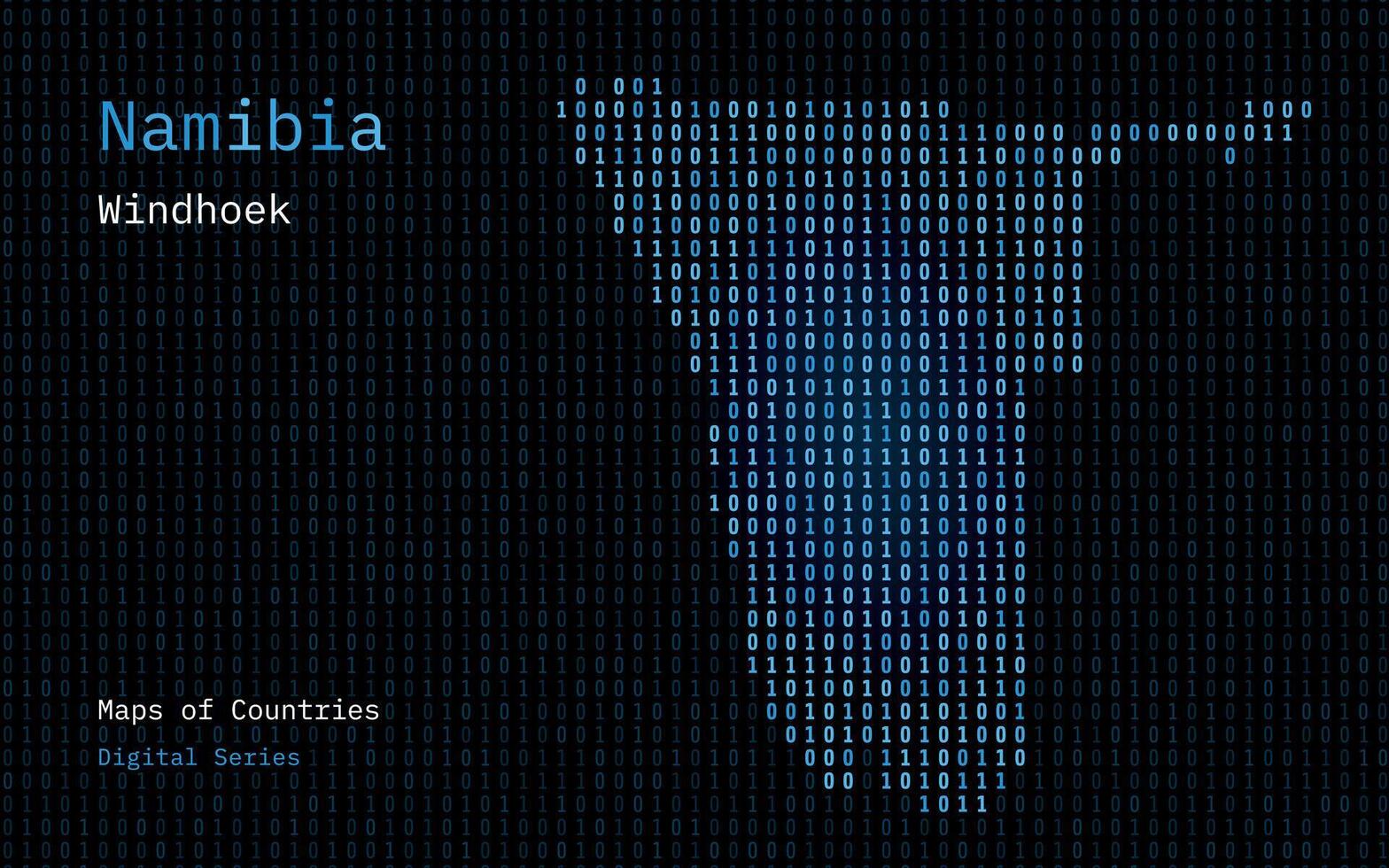 Namibia Karte gezeigt im binär Code Muster. tsmc. Matrix Zahlen, null, eins. Welt Länder Vektor Karten. Digital Serie