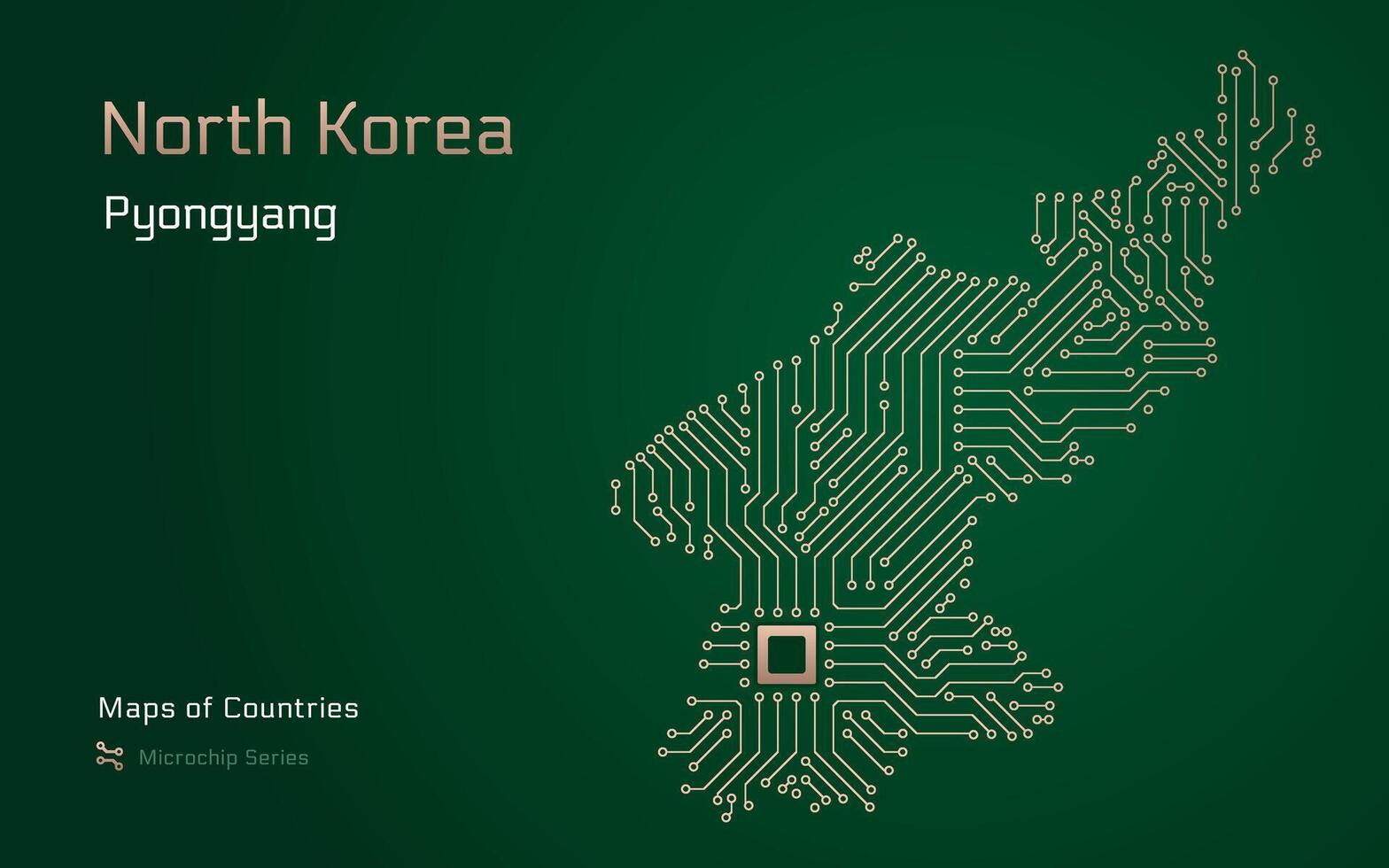 Norden Korea Karte mit ein Hauptstadt von Pjöngjang gezeigt im ein Mikrochip Muster mit Prozessor. E-Government. Welt Länder Vektor Karten. Mikrochip Serie