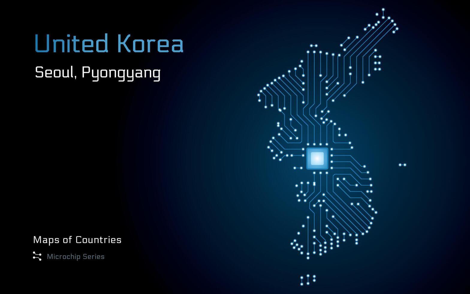 förenad korea Karta med en huvudstad av seoul, pyongyang visad i en mikrochip mönster med processor. e-förvaltning. värld länder vektor Kartor. mikrochip serier