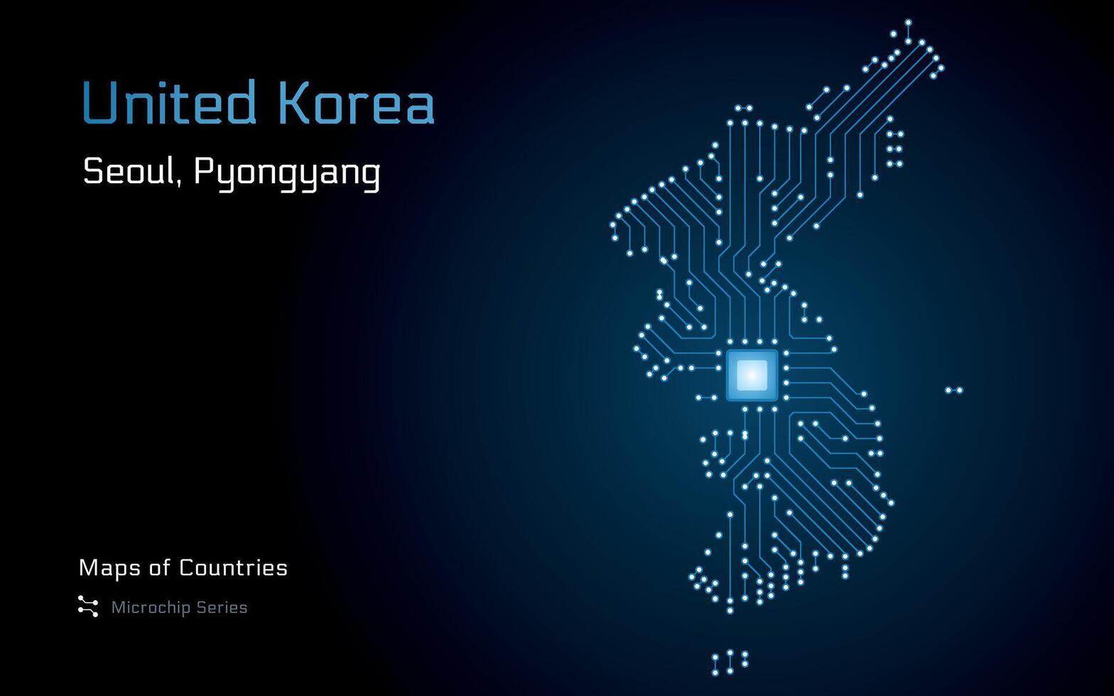 vereinigt Korea Karte mit ein Hauptstadt von Seoul, Pjöngjang gezeigt im ein Mikrochip Muster mit Prozessor. E-Government. Welt Länder Vektor Karten. Mikrochip Serie