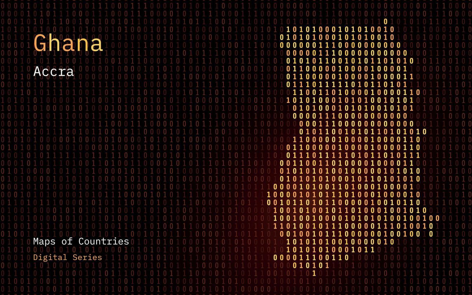 Ghana Karte gezeigt im binär Code Muster. Matrix Zahlen, null, eins. Welt Länder Vektor Karten. Digital Serie