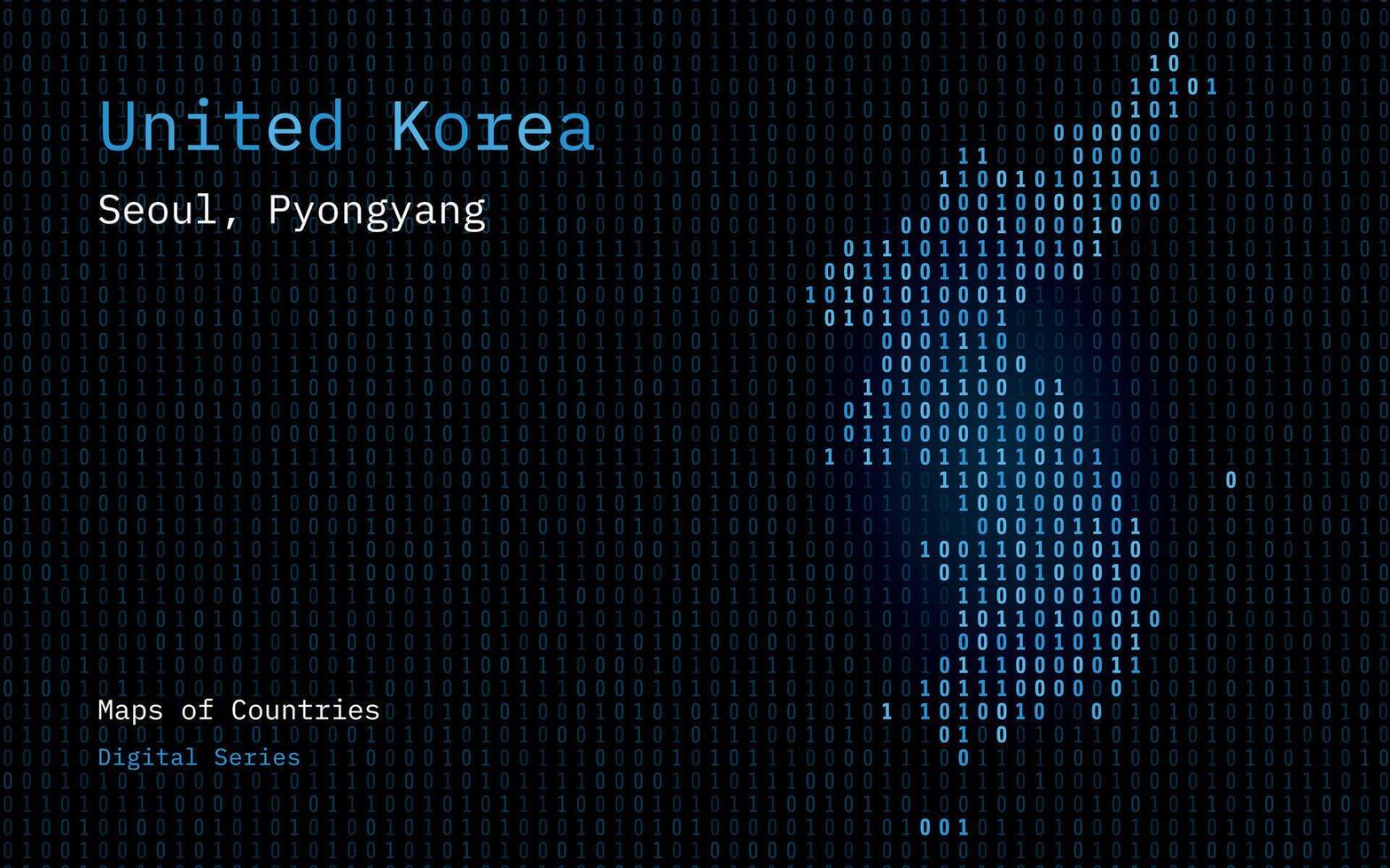 vereinigt Korea, Süd und Norden Korea Karte gezeigt im binär Code Muster. tsmc. Matrix Zahlen, null, eins. Welt Länder Vektor Karten. Digital Serie