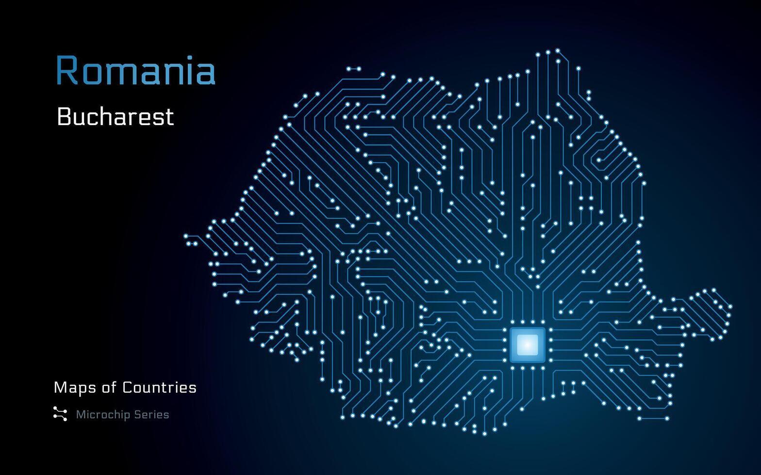 Rumänien Karte mit ein Hauptstadt von Bukarest gezeigt im ein Mikrochip Muster. E-Government. Welt Länder Vektor Karten. Mikrochip Serie