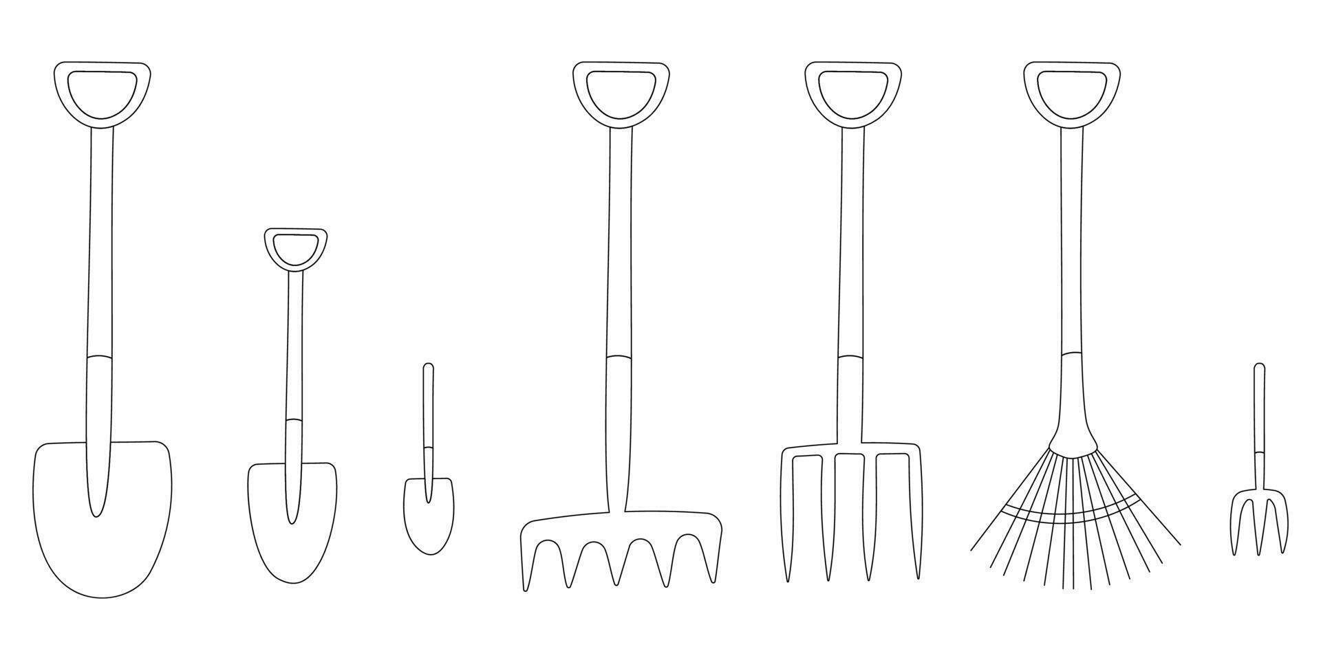 einstellen von Gartenarbeit Werkzeug. Rechen, Schaufeln, Besen. vektor