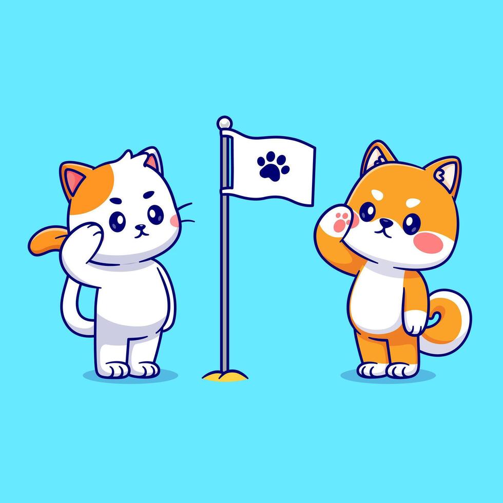 süß Katze und süß Shiba inu Respekt Pfote Flagge Karikatur Vektor Symbol Illustration. Tier Natur Symbol Konzept isoliert Prämie Vektor. eben Karikatur Stil
