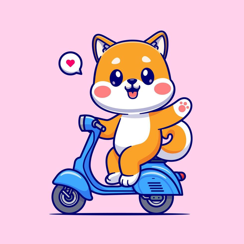 söt shiba inu vinka hand på skoter tecknad serie vektor ikon illustration. djur- transport ikon begrepp isolerat premie vektor. platt tecknad serie stil