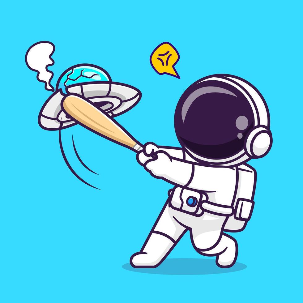 süß Astronaut Smash UFO mit Baseball Stock Karikatur Vektor Symbol Illustration. Wissenschaft Sport Symbol Konzept isoliert Prämie Vektor. eben Karikatur Stil