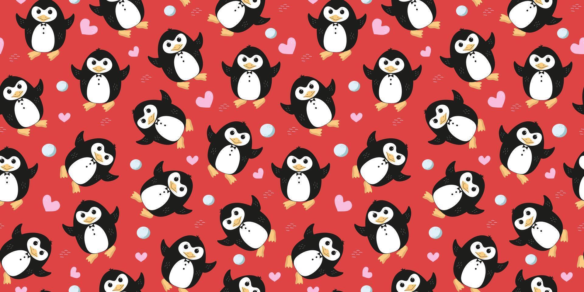 mönster pingvin. hjärtan, snöbollar. hjärtans dag, kärlek. antarktisk djur, polär fågel. värld pingvin dag. vektor sömlös bakgrund.
