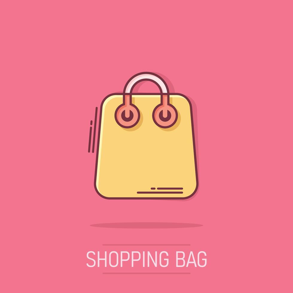 Einkaufen Tasche Symbol im Comic Stil. Handtasche Karikatur Zeichen Vektor Illustration auf isoliert Hintergrund. Paket Spritzen bewirken Geschäft Konzept.