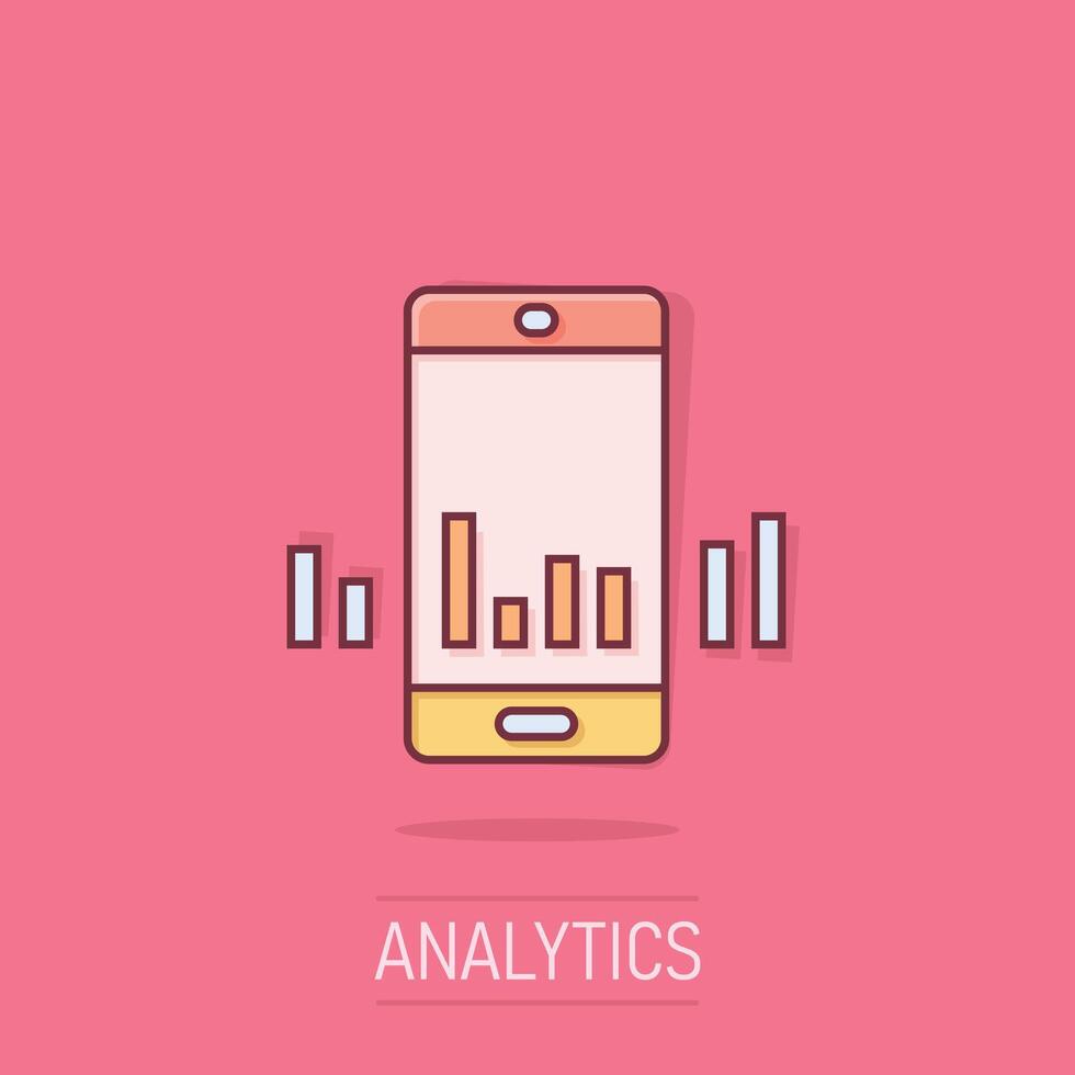 telefon diagram ikon i komisk stil. smartphone tillväxt statistisk tecknad serie vektor illustration på isolerat bakgrund. grej analys stänk effekt företag begrepp.