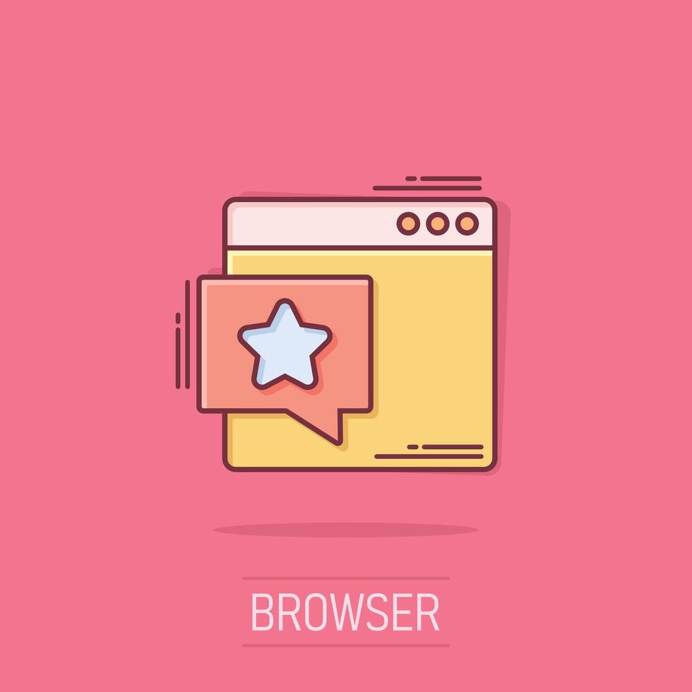 Browser Fenster mit Star Symbol im Comic Stil. Wunsch aufführen Karikatur Vektor Illustration auf isoliert Hintergrund. Belohnung Bonus Spritzen bewirken Geschäft Konzept.