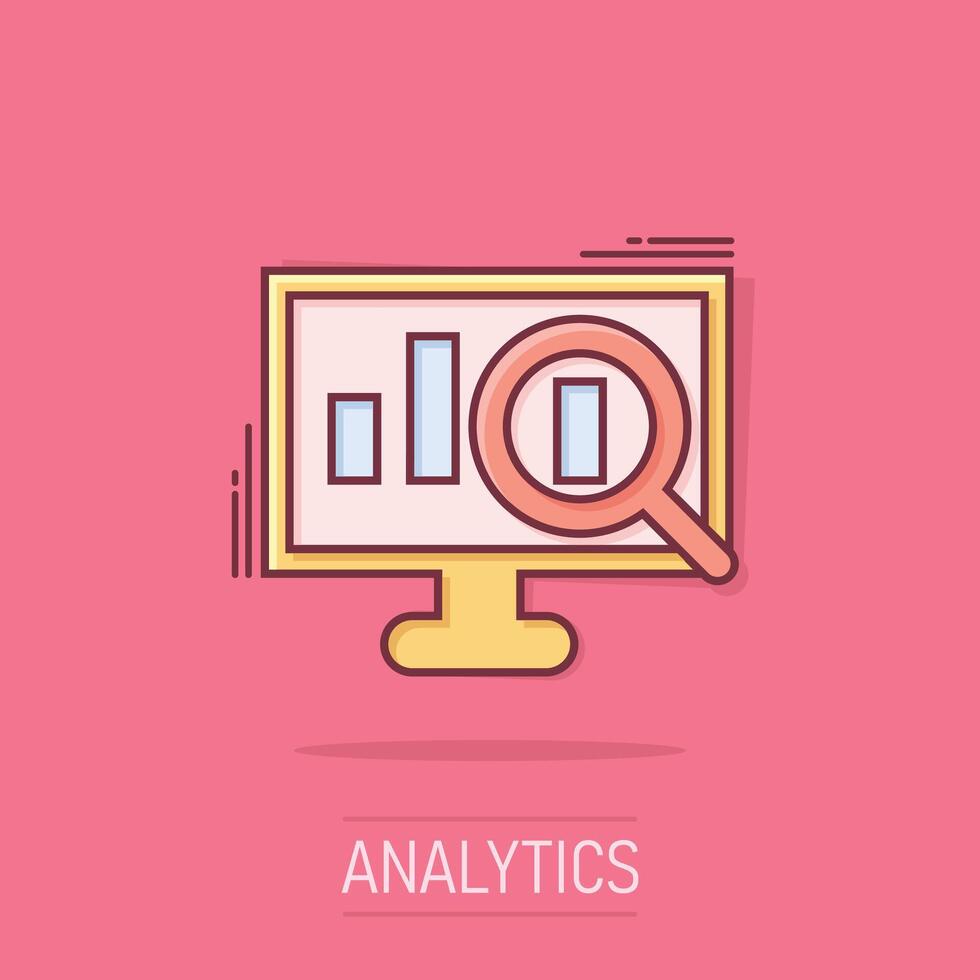 Webseite Analytik Symbol im Comic Stil. SEO Daten Karikatur Vektor Illustration auf isoliert Hintergrund. Computer Diagramm Spritzen bewirken Geschäft Konzept.