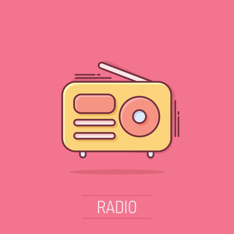 radio ikon i komisk stil. fm utsända tecknad serie vektor illustration på isolerat bakgrund. radiosändning stänk effekt företag begrepp.