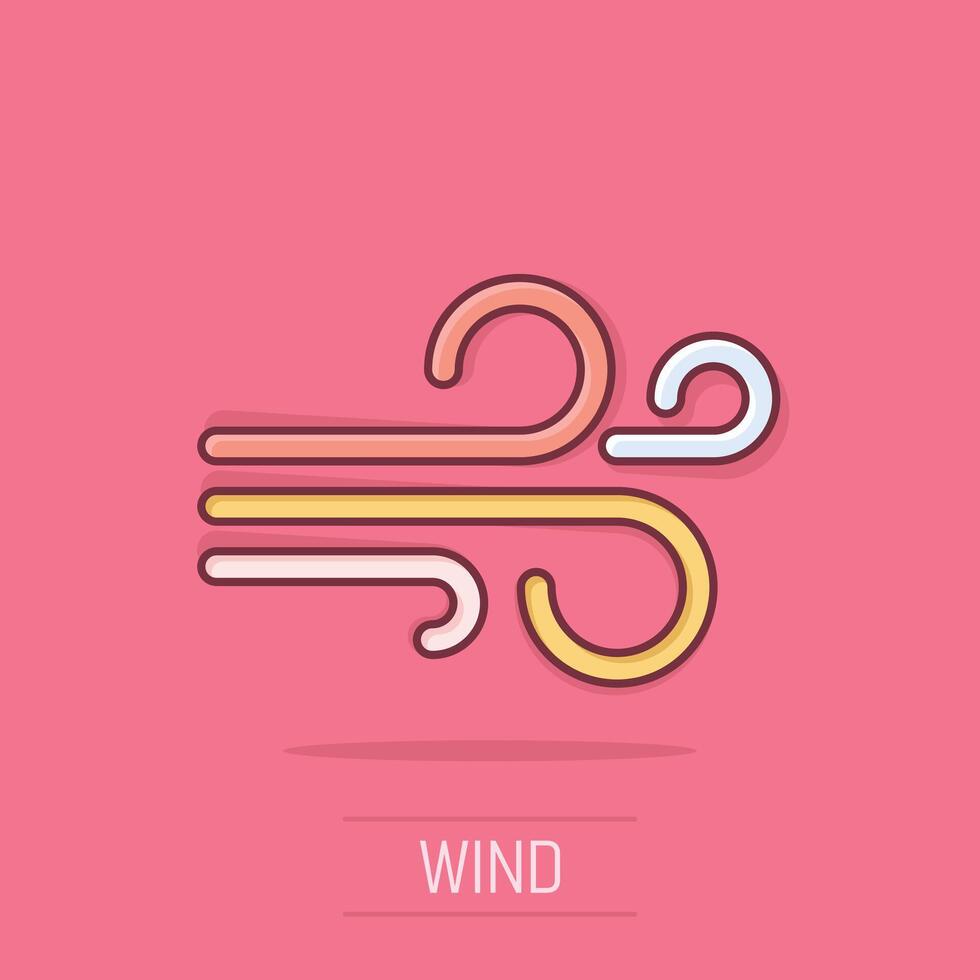 Wind Symbol im Comic Stil. Luft Karikatur Vektor Illustration auf isoliert Hintergrund. Brise Spritzen bewirken Geschäft Konzept.