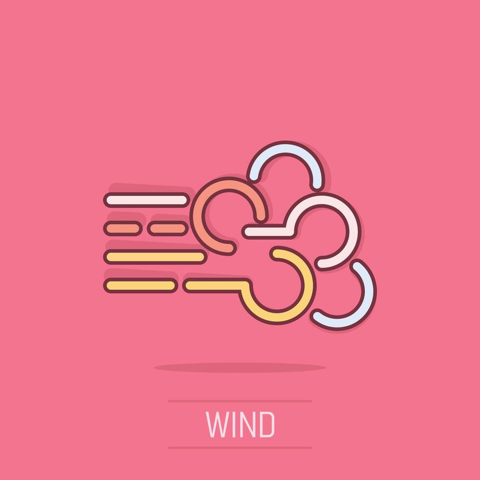 Wind Symbol im Comic Stil. Luft Karikatur Vektor Illustration auf isoliert Hintergrund. Brise Spritzen bewirken Geschäft Konzept.