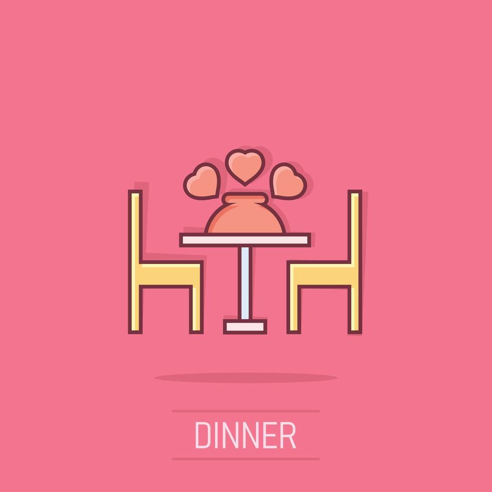 romantisch Abendessen Symbol im Comic Stil. Cafe Karikatur Vektor Illustration auf isoliert Hintergrund. Restaurant Spritzen bewirken Geschäft Konzept.