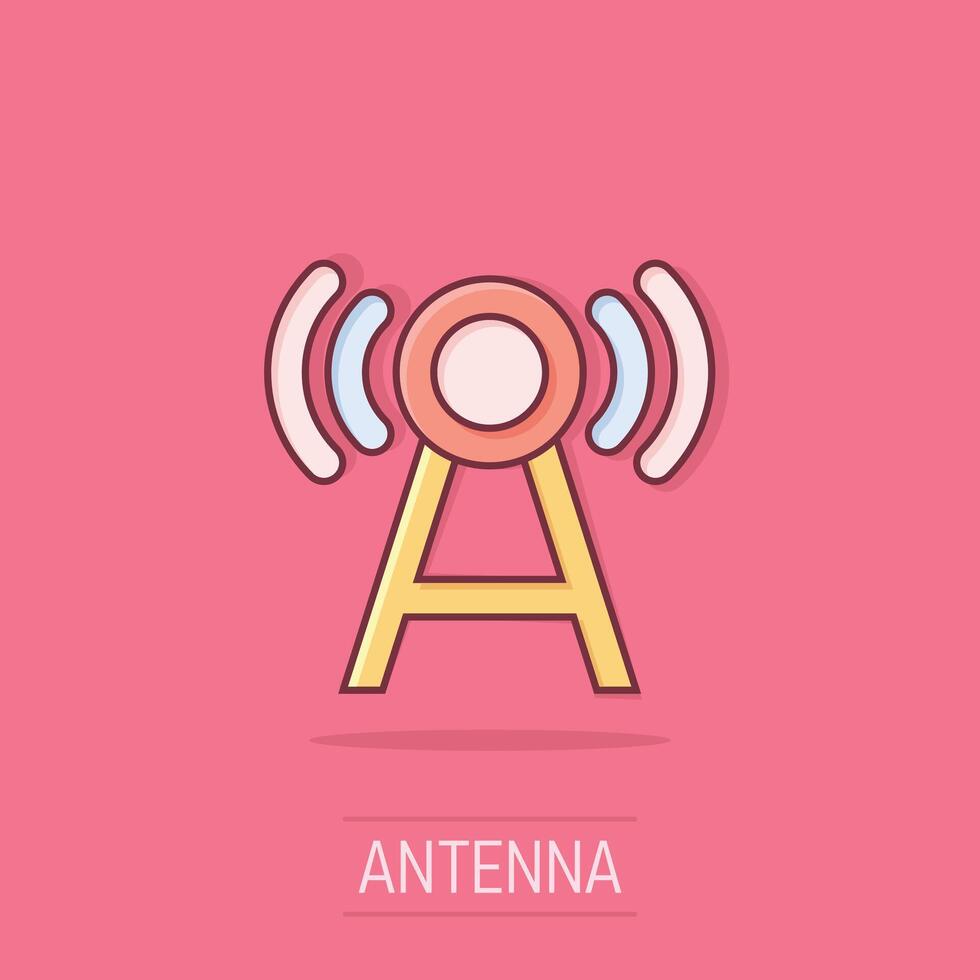 antenn torn ikon i komisk stil. sändningar tecknad serie vektor illustration på isolerat bakgrund. wiFi stänk effekt företag begrepp.