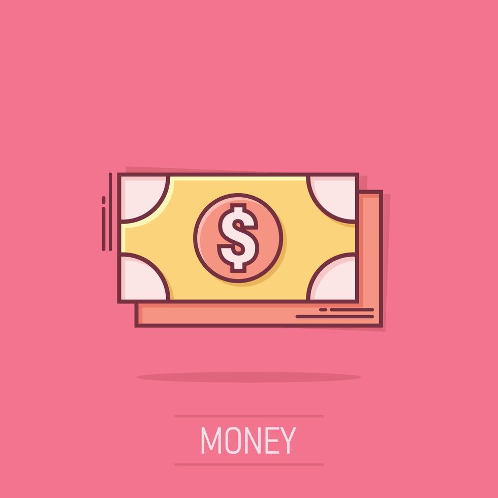 Dollar Währung Banknote Symbol im Comic Stil. Dollar Kasse Karikatur Vektor Illustration auf isoliert Hintergrund. Banknote Rechnung Spritzen bewirken Geschäft Konzept.